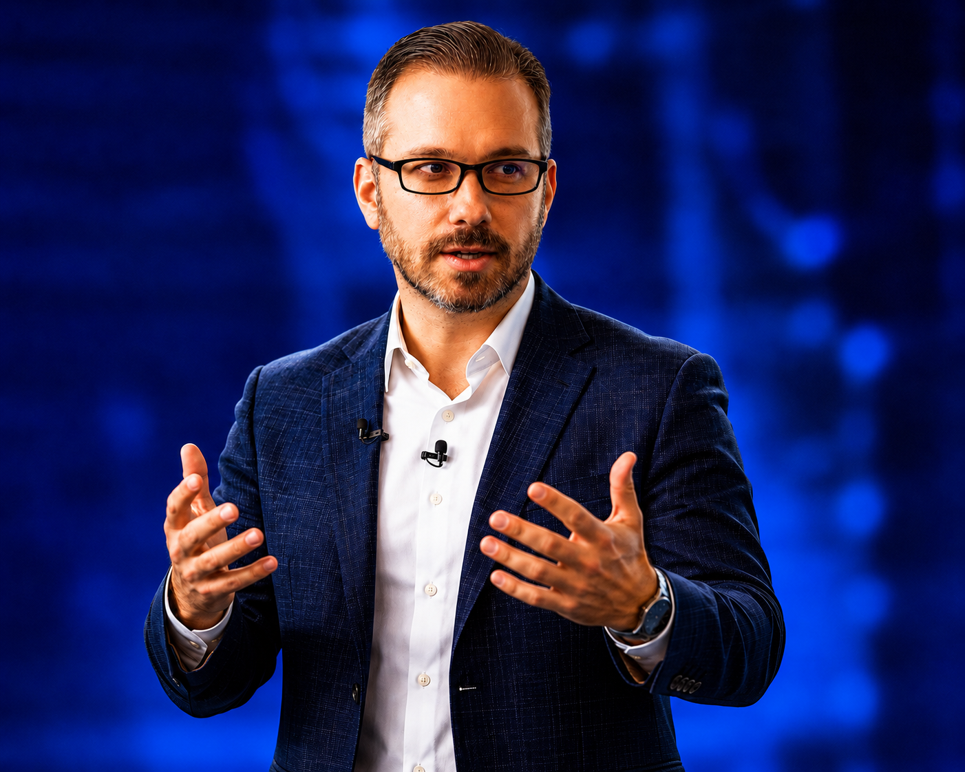 Jon Peyton speaking against a blue background